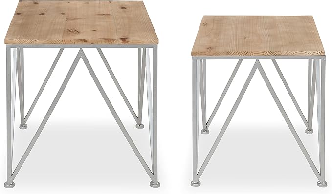 Kate and Laurel Uzma 2-Piece Modern Side Accent Tables Geometric Metal Silver Base with Natural Wood Tops