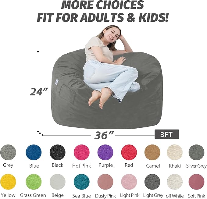3FT Bean Bag Chair with Ultra Soft Velvet Cover Bean Bag Sofa with Memory Foam Bean Bag Chairs with Large Size Lazy Sofa for Dorm Office Living Room Bedroom Light Grey 3'