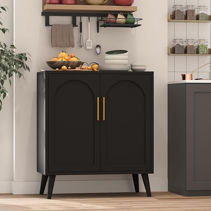 Rovaurx Rattan Storage Cabinet with Doors, Accent Bathroom Floor Cabinet, Modern Sideboard Buffet Cabinet for Living Room, Entryway, Dining Room and Kitchen, Black BMGZ108B