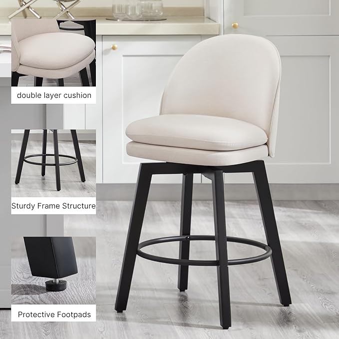 Counter Height Barstools 26 inch Upholstered Swivel Bar Stools with Back and Wood Legs for Kitchen Island,Set of 4,Beige Fabric-Armless