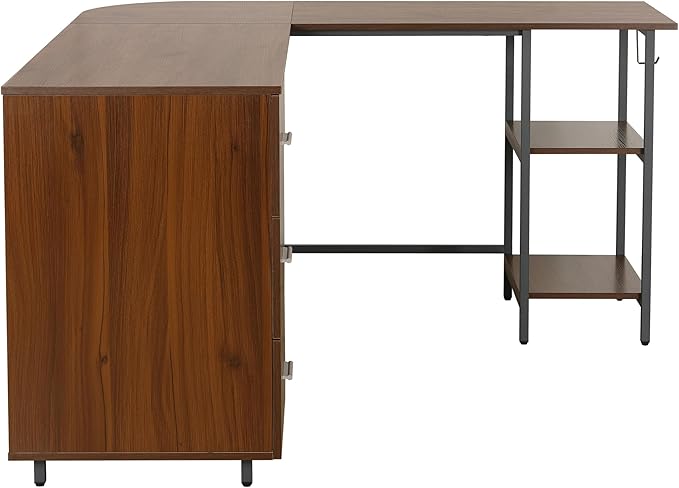 Techni Mobili L Shaped Desk - Two-Toned Computer Desk with Drawers & Storage Shelves - Simple Modern Furniture & Home Office Space Corner Table for Work & Writing