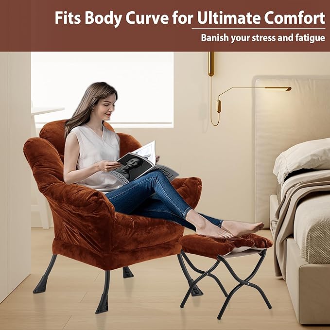 Lazy Chair with Folding Ottoman, Accent Chair Plush Upholstered with Metal Structure and Non-Slip Pads, Sofa Armchair with Footrest and Side Storage Bag for Dorm, Room, Office, Brown