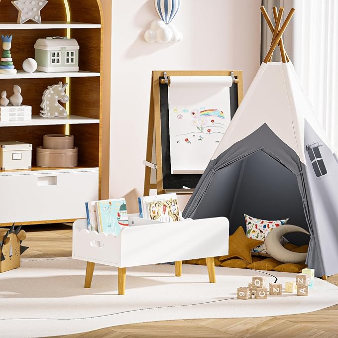 GRANTLEY Montessori Kids Bookshelf for Toddler - Wooden Book Shelf for Kids Rooms, Little Low Book Basket with Dividers, Floor Book Caddy, Minimalist Mobile Bookcase for Classroom Nursery