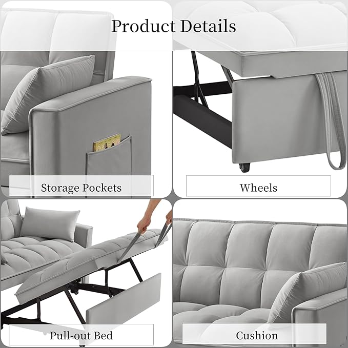 KEIKI Velvet Loveseat Convertible Sofa Bed Sleeper Chair with Adjustable Backrest, Pillows & Storage Pockets, 3 in 1 Pull-Out Couch Chaise Lounge Recliner for Living Room Balcony Bedroom, Grey