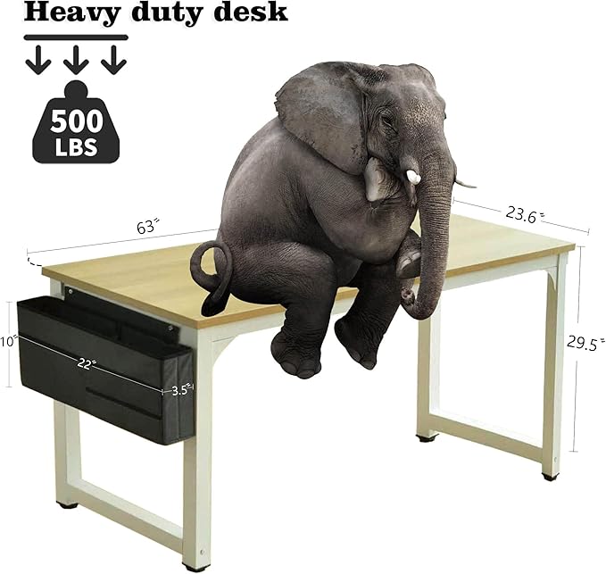 Large Computer Desk - 63 Inch Home Office Desks Study Student Writing Table Gaming Desk Wood Modern Simple Table with Storage Bag & Headphone Hooks, Rustic White