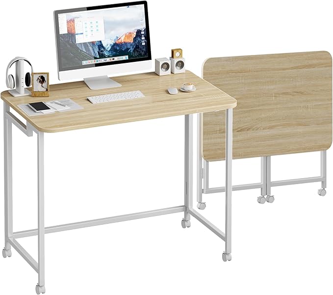 JSB Small Folding Computer Desk with Storage Bag and Hook Writing Modern Industrial Work Table Laptop for Home Office White (Natural & White, 27.6")