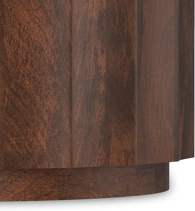 SIMPLIHOME Trenton Coffee Table - 32 inch Wide Solid Mango Wood Round Living Room Table in Walnut Brown, Contemporary Sculpted Drum Center Table for Family Room with Scalloped Edge, Assembled