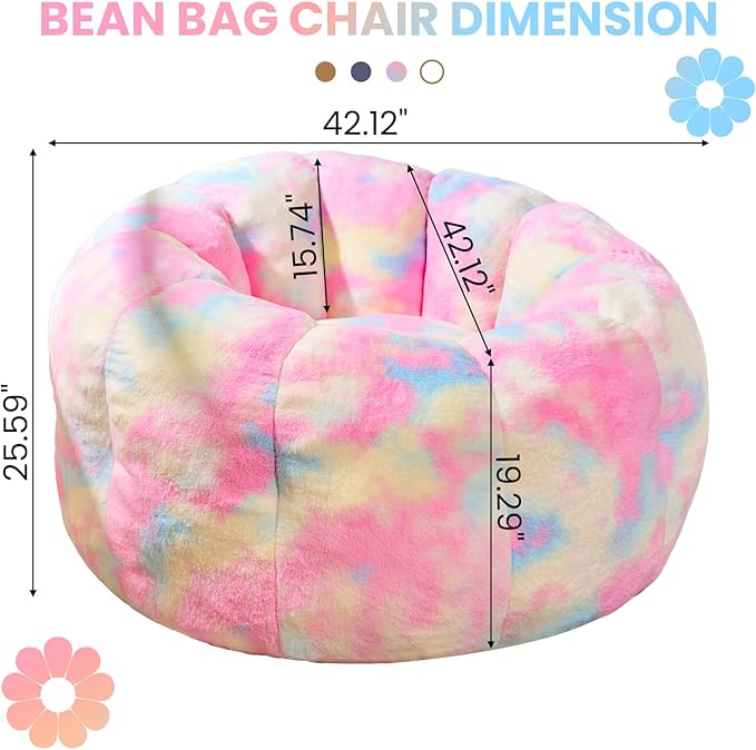 Giant Bean Bag Chair, Faux Fur Adult Chair with Petal Armrest Oversize Colorful Chair for Bedroom, Living Room, Dorm, Game - Rainbow, X-Large, High Support