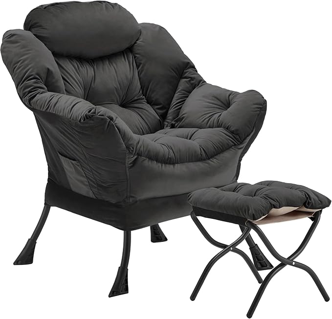 Lazy Chair with Folding Ottoman, Accent Chair Velvet Upholstered with Metal Structure and Non-Slip Pads, Sofa Armchair with Footrest and Side Storage Bag for Dorm, Office, Charcoal
