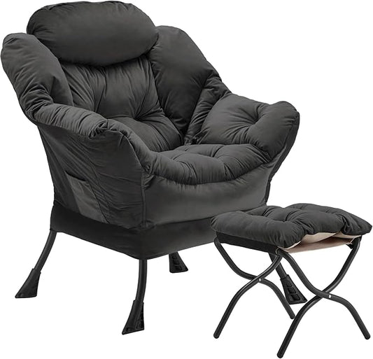 Lazy Chair with Folding Ottoman, Accent Chair Velvet Upholstered with Metal Structure and Non-Slip Pads, Sofa Armchair with Footrest and Side Storage Bag for Dorm, Office, Charcoal