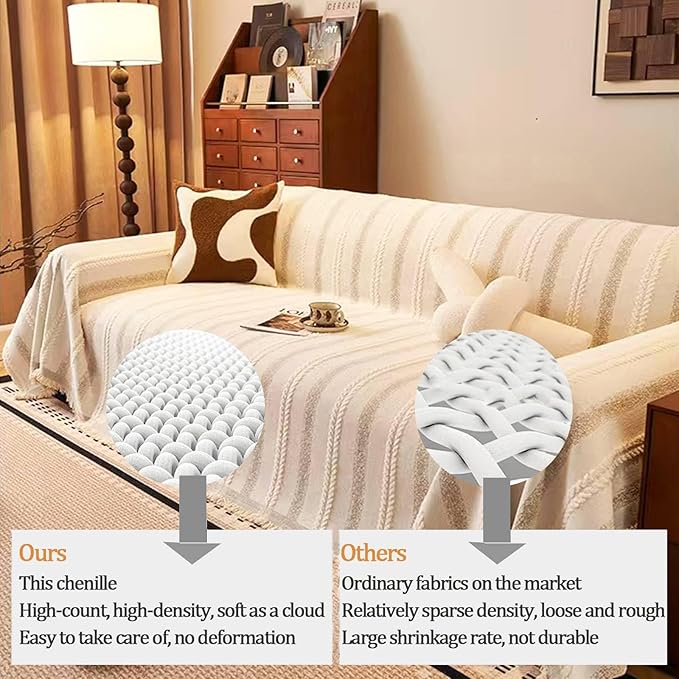Couch Cover for Dogs Washable Sofa Cover, Sectional Couch Covers, Sofa Covers for 2 Cushion Couch, Non Slip Stripe Sofa Slipcovers Furniture Protector, Couch Protector from Cat Claws, Beige,75''x102''