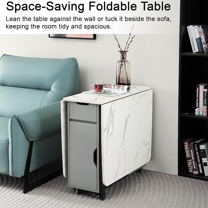 Foldable Space Saving Dining Table Extendable, Folding Dining Table with Storage and Wheels 2-Layers, Versatile Drop Leaf Table Modern for Living Room, Kitchen, RV Campers (Grey)