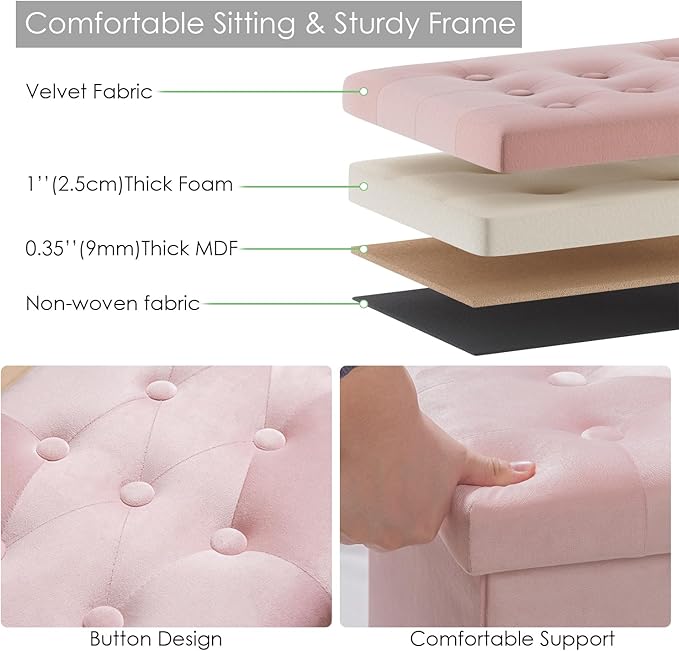 PRANDOM Extra Large Ottoman with Storage [1-Pack] Velvet Folding Small Square Foot Stool with Lid for Toy Living Room Bedroom Coffee Table Dorm Pink 30.5x15x15 inches