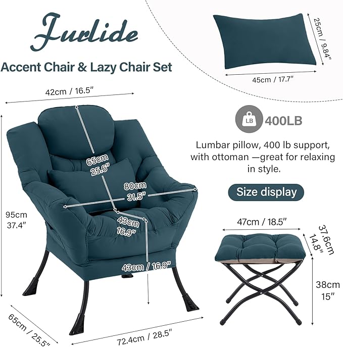 Lazy Chair with Ottoman, Modern Lounge Chair with Lumbar Pillow, Accent Cozy Reading Armchair and Folding Footstool for Bedroom, Dorm, Living Room,Peacock Blue