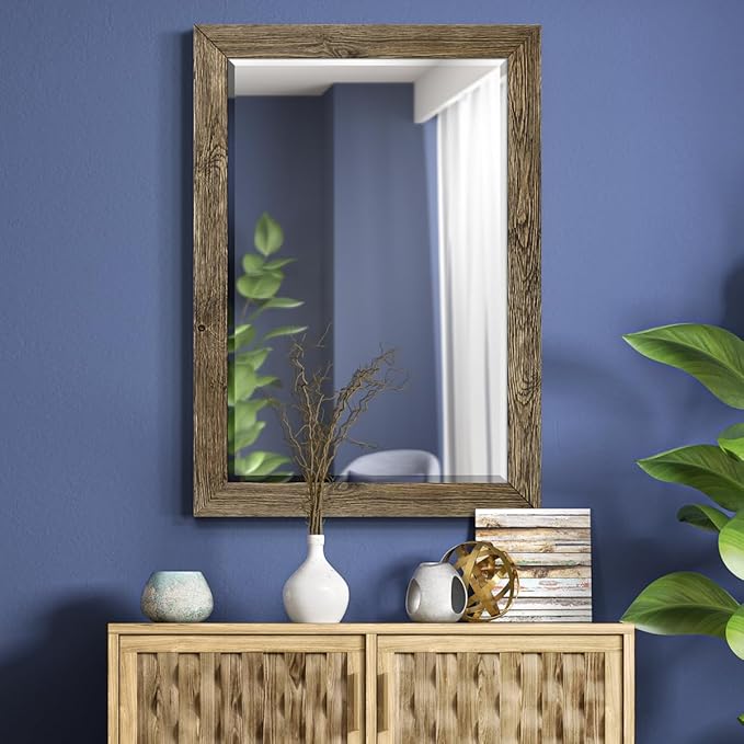 Walnut Vanity Mirror Rectangular Barnwood Framed Wall Mirror for Home Decor, Vertical or Horizontal Hanging, 41x29