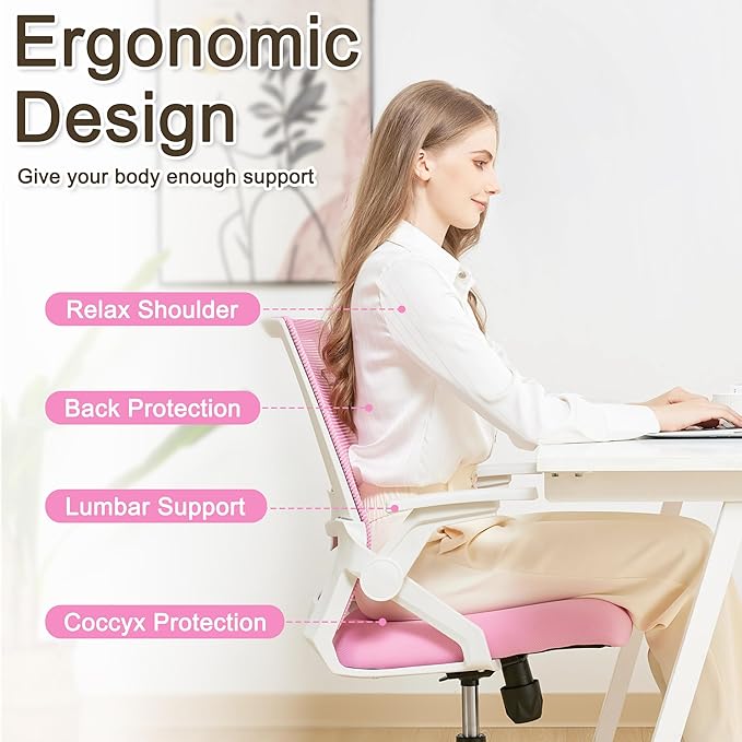 Ergonomic Office Chair Desk Chair with Adjustable Height Mesh Computer Chair Swivel Chair with Flip-up Arms and Lumbar Support Pink