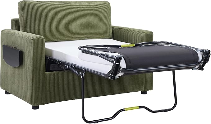 Twin Size Sofa Bed 47.2" Sleeper Sofa Loveseat Sofa with a Foldable Mattress, a Foldable Side Table, a Side Storage Pocket and Two USB Ports for Living Room, Green