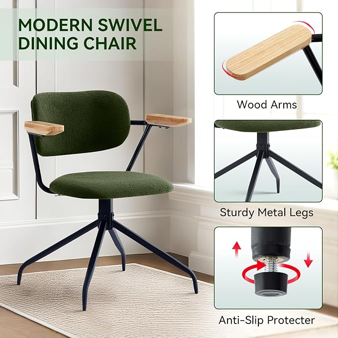 Modern Swivel Dining Chairs Set of 2 with Arms,Upholstered Comfortable Dining Room Chairs, Wooden Armrests & Sturdy Metal Frame, Stylish Kitchen & Dining Table Chairs for Modern Décor