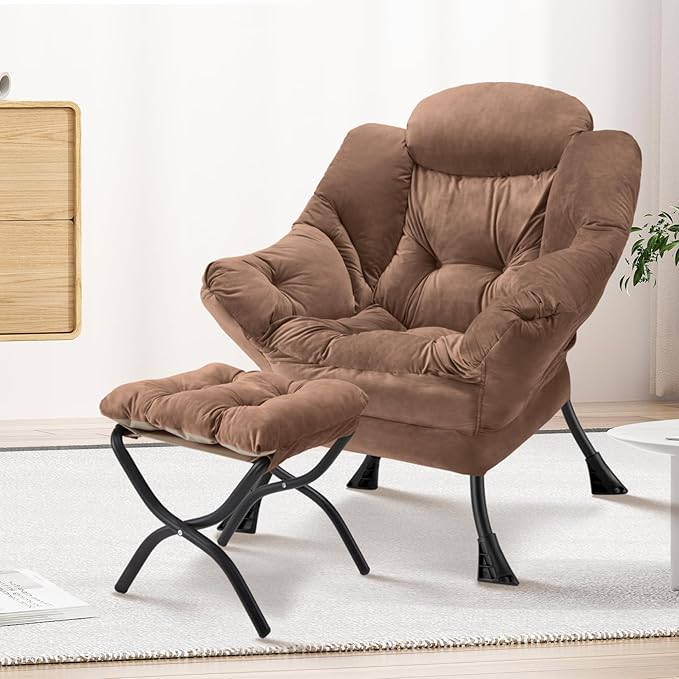 Lazy Chair with Folding Ottoman Modern Large Accent Chair,Contemporary Lounge Leisure Sofa Chair with Armrests Upholstered Sofa Armchair Reading Chair for Bedroom,Dorm & Office(Dark Brown-f)