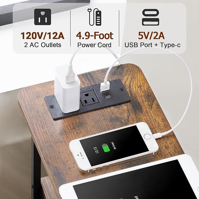 Narrow End Table Living Room with Charging Station, Skinny Side Table with Fabric Drawers, Slim Nightstand for Bedroom, Small Spaces, Couch, Brown, HETNDP02BR-1