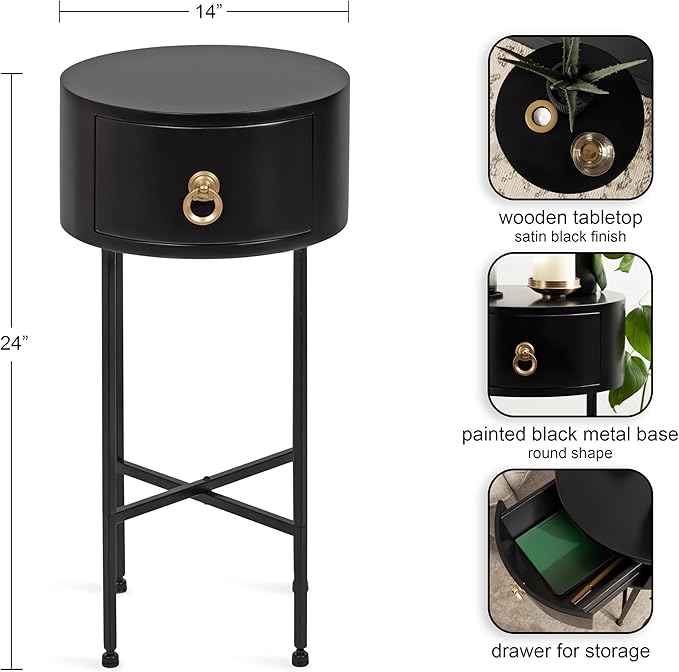 Kate and Laurel Decklyn Decorative Glam Round Side Table, 14 x 14 x 24, Black and Gold, Modern Circle Living Room Table with Pull Drawer for Useful Storage