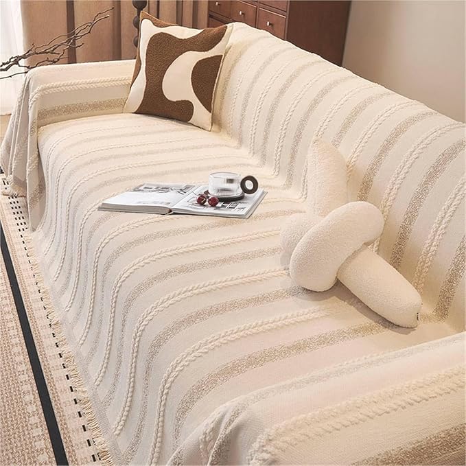 Couch Cover for Dogs Washable Sofa Cover, Sectional Couch Covers, Sofa Covers for 2 Cushion Couch, Non Slip Stripe Sofa Slipcovers Furniture Protector, Couch Protector from Cat Claws, Beige,75''x102''