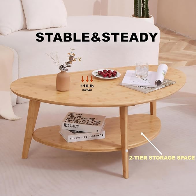Mid-Century Modern Coffee Table for Living Room, 100% Solid Wood Oval Coffee Table, 2 Tier Wooden Coffee Tables for Home Office Livingroom, 40.2 x 22 Inches Easy Assemble (Natural)