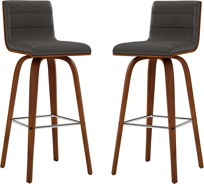 Armen Living Vienna Mid-Century Modern 30" Bar height Barstool Faux Leather Wood Finish, Grey/Walnut
