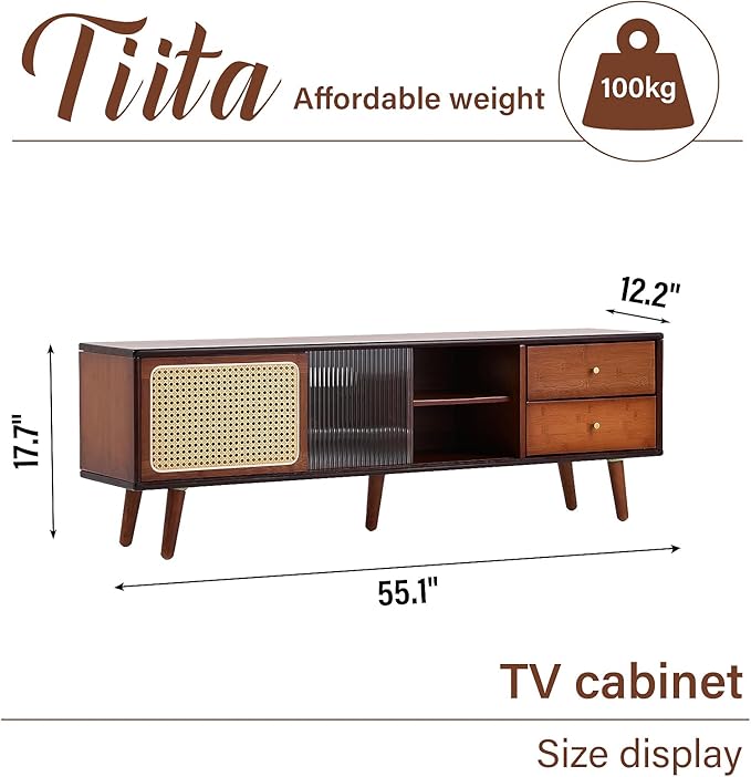 Tiita TV Stand with Storage for TVs up to 65'', Bamboo Rattan TV Console Entertainment Center with 2 Open Shelf, Mid Century Modern Media Console for Living Room, Bedroom, Walnut