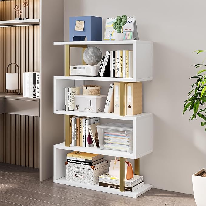 SORCEDAS Bookshelf Geometric Bookcase S Shaped Industrial Bookshelf Storage Display Stand Shelf for Living Room Bedroom and Office Room (White, 4 Tier)