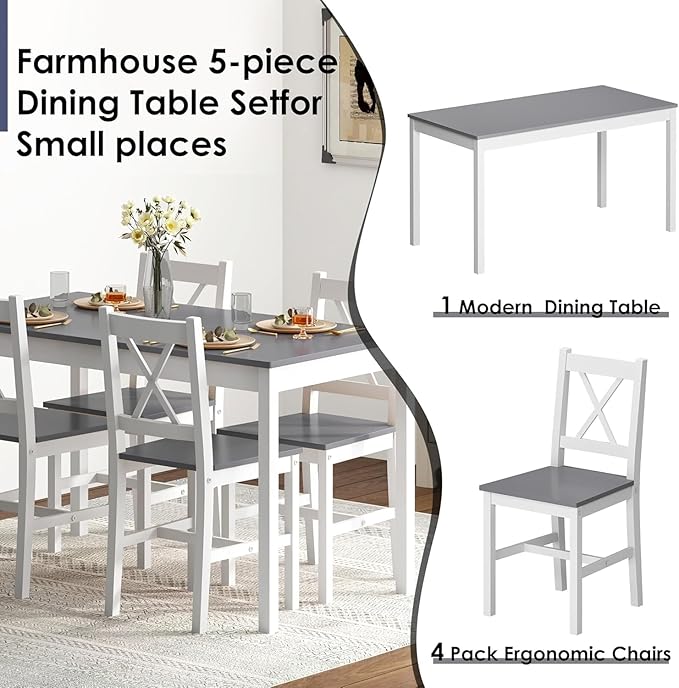 sogesfurnituer 5 Piece Kitchen Dining Room Table Sets for 4, Modern Space-Saving Dining Furniture, 47.5'' Pastoral Rectangular Dining Table Furniture Set for Kitchen, Grey&White