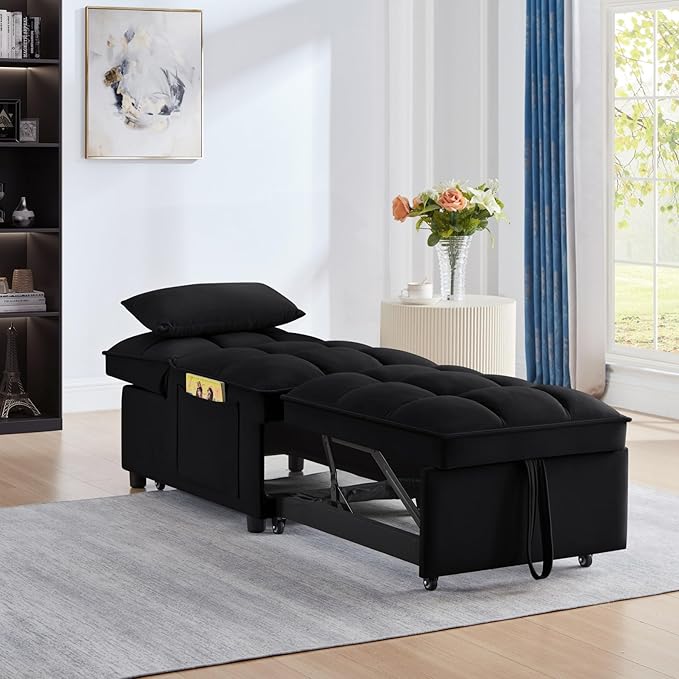 KEIKI Velvet Single Convertible Sleeper Chair Sofa Bed with Adjustable Backrest, Pillows & Storage Pockets, 3 in 1 Pull-Out Couch Chaise Lounge Recliner for Living Room Balcony Bedroom, Black