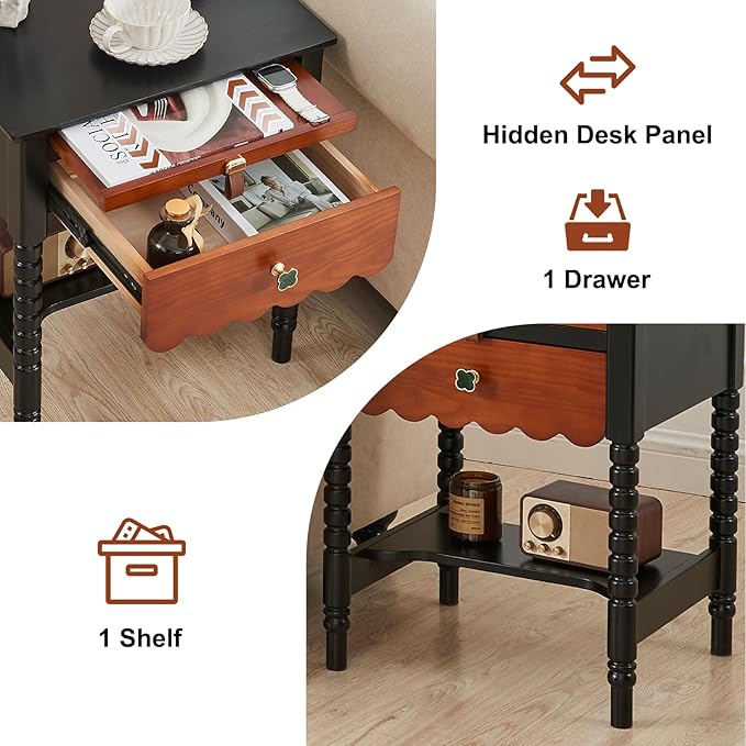 Uniclinens Mid Century Modern Nightstand Two-Tone Bedside Table with Drawers, Vintage Solid Wood End Side Table for Bedroom Living Room, Black-Brown