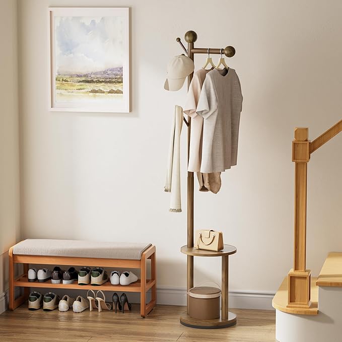 Solid Wood Rotary Coat Rack, Freestanding 360° Swivel Coat Rack with Heavy-Duty Base, 8 Hooks & 2-Tier Shelves for Entryway, Bedroom, Office, Standing Coat Tree for Jackets, Hats, Bags (Walnut)