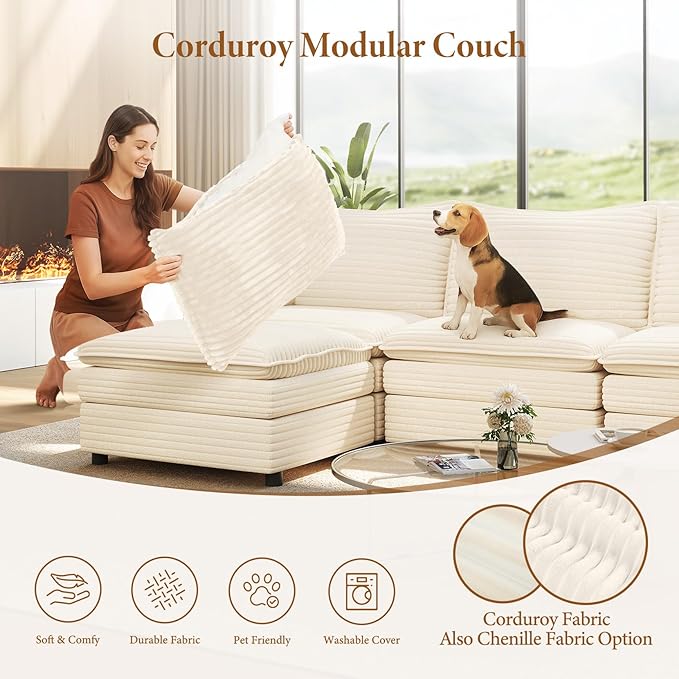 Vesgantti 108" U Shaped Sectional Couch, Comfy Cloud Modular Sectional Sofa with 2 Ottoman Deep Seat Corduroy Modern Cloud Sofa, Modular Sofas for Living Room, Bedroom and Apartment, Beige