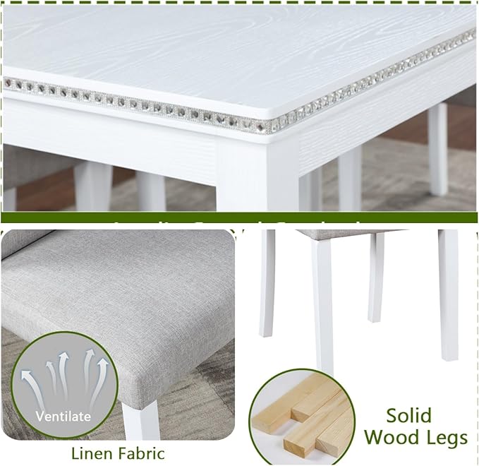 Dining Table Set, 5 Piece Counter Height Table Set with Rectangular Table and 4 Upholstered Chairs, Wooden Dinner Set with Crystal Decoration, Dining Chair with Footrest, Beige&White