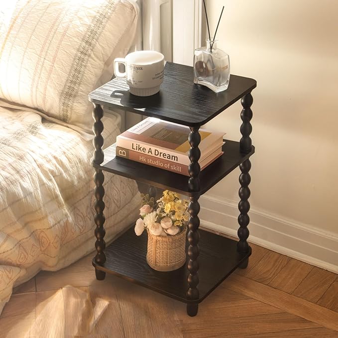 Side Table, Small End Table with Storage Shelf, Vintage Nightstand Bedside Table for Living Room, Bedroom, Office and Small Spaces (Black)