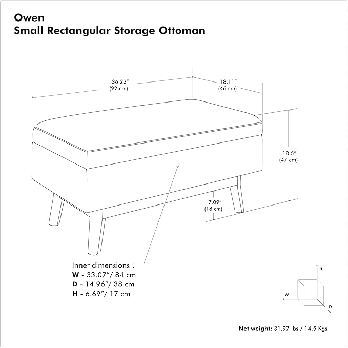 SIMPLIHOME Owen 36 inch Wide Mid Century Modern Small Rectangular Storage Ottoman in Distressed Black Vegan Faux Leather, Assembled, For the Living Room, Entryway and Family Room