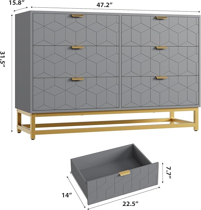 GAOMON Grey Dresser for Bedroom,Modern 6 Drawer Double Dresser with Gold Handles,Long Storage Organizer for TV Stand & Closet,Large Chest of Drawers for Living Room,Hallway,Entryway