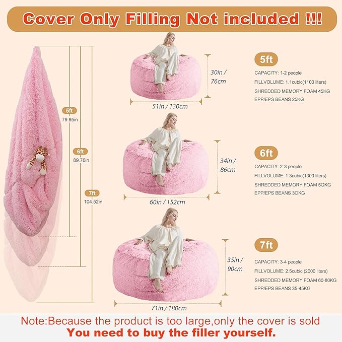 Fluffy Bean Bag for Stuffed Animals Storage, Faux Fur Washable Bean Bag Chair Cover(No Filler) for Textile Plush Toys, Beanbag Chair Cover for Adults Kids Teens, 7FT, Pink