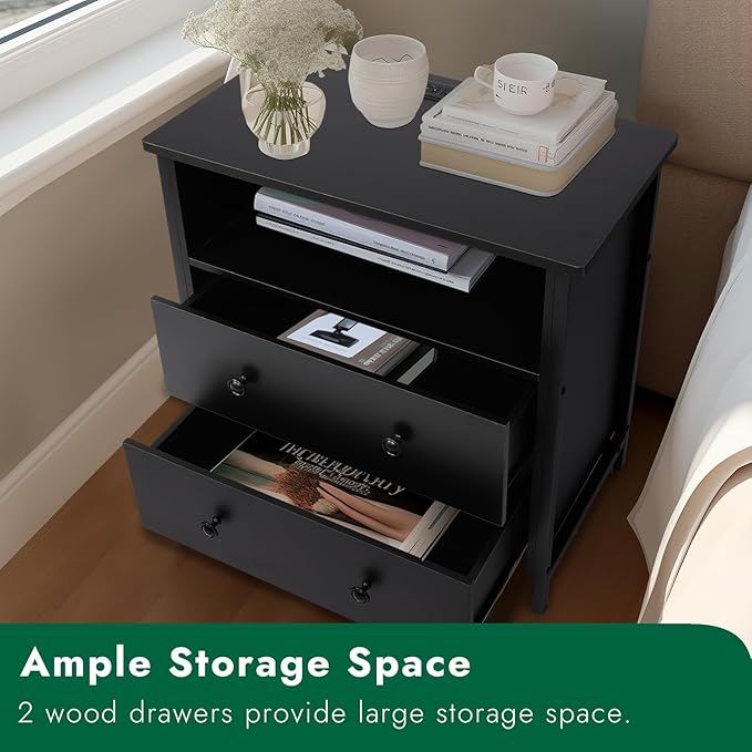 27 Inch Wide Night Stand, Large Wood Night Stand Set 2 with 2 Drawers, LED Nightstand with Charging Station and Adjustable Drawer, Bedside Table for Living Room/Bedroom/Study/Office, Black.
