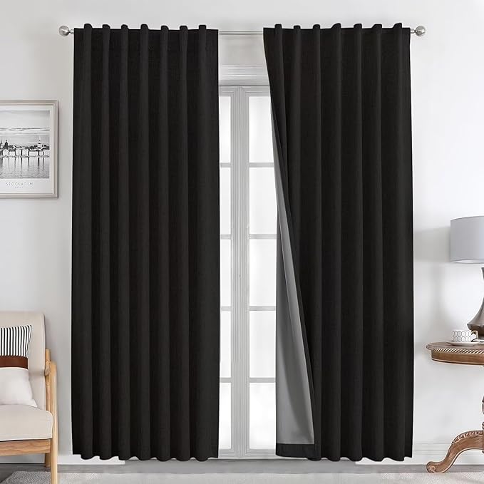 Joydeco Natural Linen Curtains 96 inch Length 2 Panels Set Burg 100% Blackout Patio Door Curtain Room Darkening Sliding Door Curtains Thermal Insulated Back tab Rod Pocket(105x96 inch, Black)