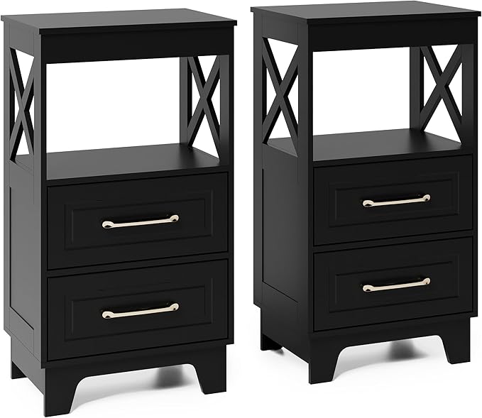 Tall Nightstand Set of 2 Side Table with 2 Drawers Modern Night Stand Wooden End Table Bedside Table with Upper Open Shelf Solid Feet for Bedroom, Living Room, Black