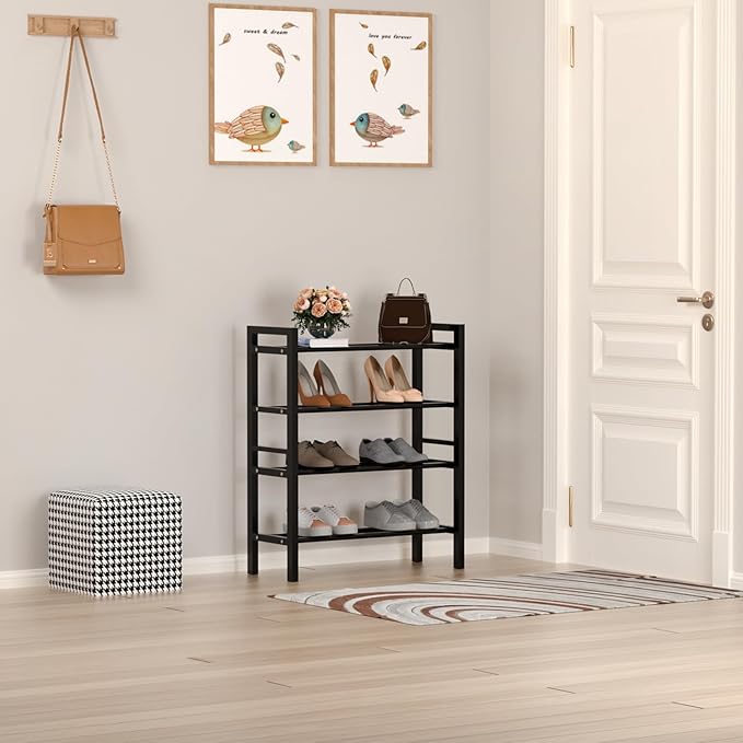 Haddockway Bamboo Shoe Rack for Closet, Free Standing Shoe Organizer with Smooth Round Rods & Convenient Handles, Stackable Shoe Storage Shelf for Entryway, Hallway(Black, 4-Tier(Small))