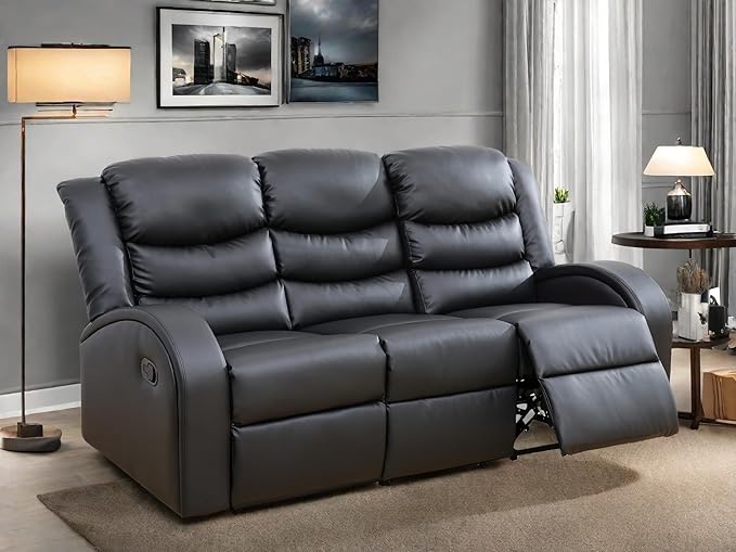 Leather Recliner Sofa Couch, 3-Seater Home Theater Seating Reclining Sofa, Power Reclining Couch with Cup Holders & Drop Down Table for Living Room Furniture Sets, Black