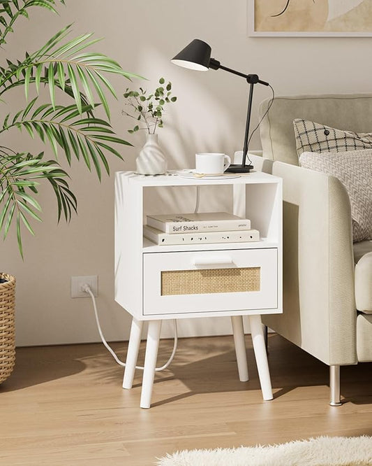 Bedroom Nightstands Wooden Night Stands with Rattan Weaving Drawer Home Bedside End Table for Bedroom Storage (Modern-White)