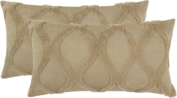 decorUhome Throw Pillow Covers 12x20 Inch Set of 2, Soft Plush Faux Fur Wool Lumbar Khaki Couch Pillow Covers, Decorative Neutral Pillow Cases for Bed Sofa Living Room Home Decor
