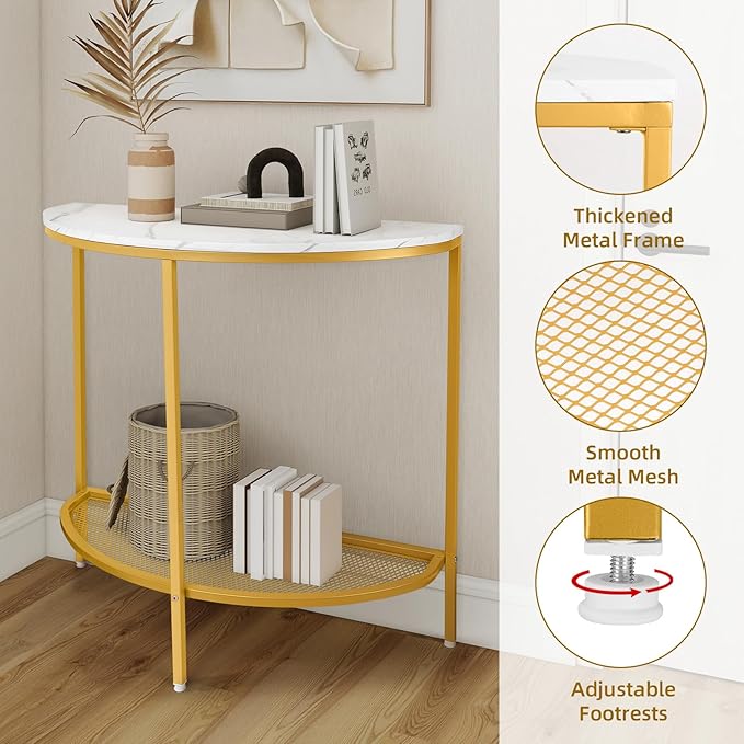 Entry Table Narrow Livingroom Furniture: 2 Tier Modern Console Table with Gold Frame and Imitation Marble Top for Kitchen Bedroom Hallway Living Room Office and More (Gold)