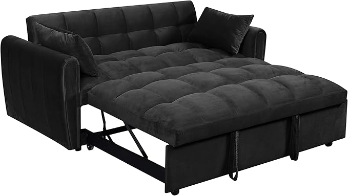Ball & Cast 65" 3 in 1 Large Sleeper Sofa Bed,Velvet Upholstered Pull Out Couch with Adjustable Backrest&2 Pillows,Convertible Futon Sofa-Bed W/Side Pocket,Loveseat Chaise Lounge for Living Room,Black