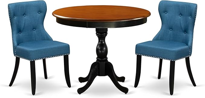 East West Furniture AMSI3-BCH-21 3 Piece Dinette Set for Small Spaces Contains a Round Kitchen Table with Pedestal and 2 Blue Linen Fabric Parson Dining Chairs, 36x36 Inch, Black & Cherry